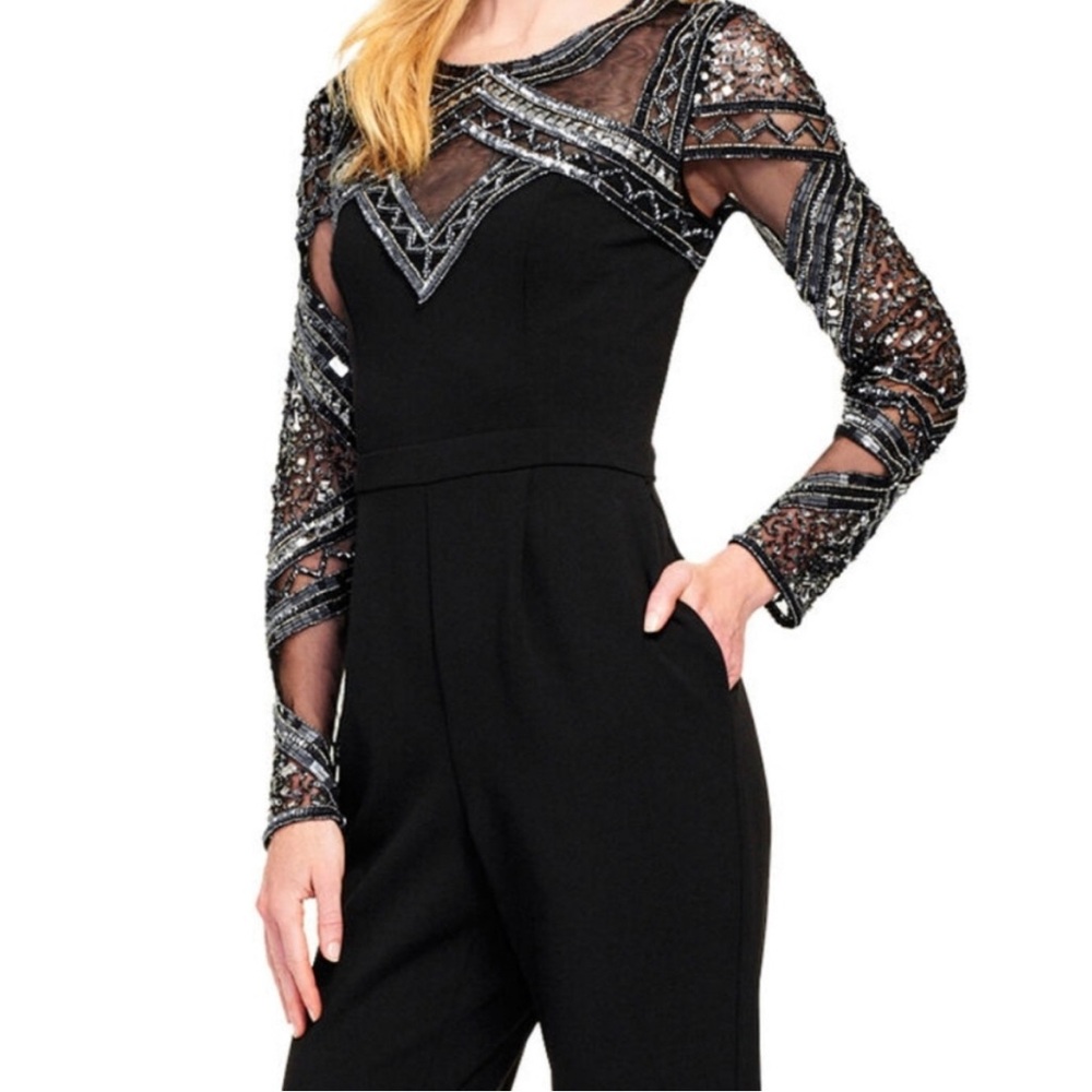 Aidan Mattox Long Sleeve Crepe Jumpsuit with Beaded Accents (Black)